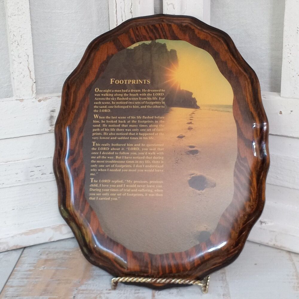 Vintage 1970s Footprints in the Sand Plaque Christian Home Decor Religious Art